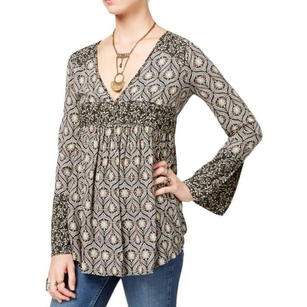 Free People Rolling Hills Long Sleeve Tunic size Small Peasant Flowy Bell Sleeve